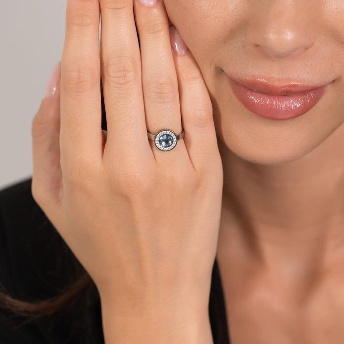 WOMEN'S RING IN STEEL WITH AQUAMARINE CRYSTAL ELEMENT AND WHITE CRYSTALS
