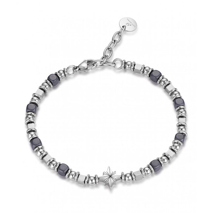 Bracelet en acier avec hématite grise et rose des vents