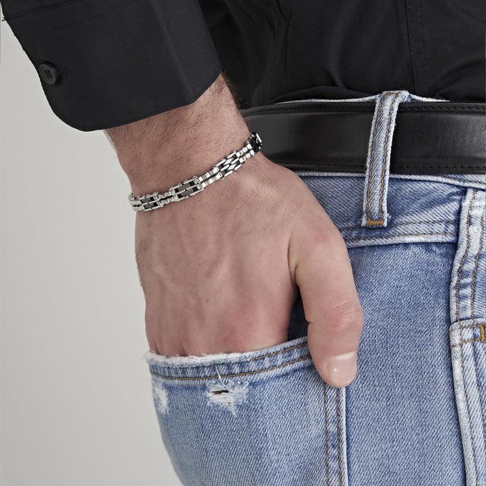 BRACCIALE UOMO IN ACCIAIO CON ELEMENTI IN CERAMICA NERA MAGLIA CATENA