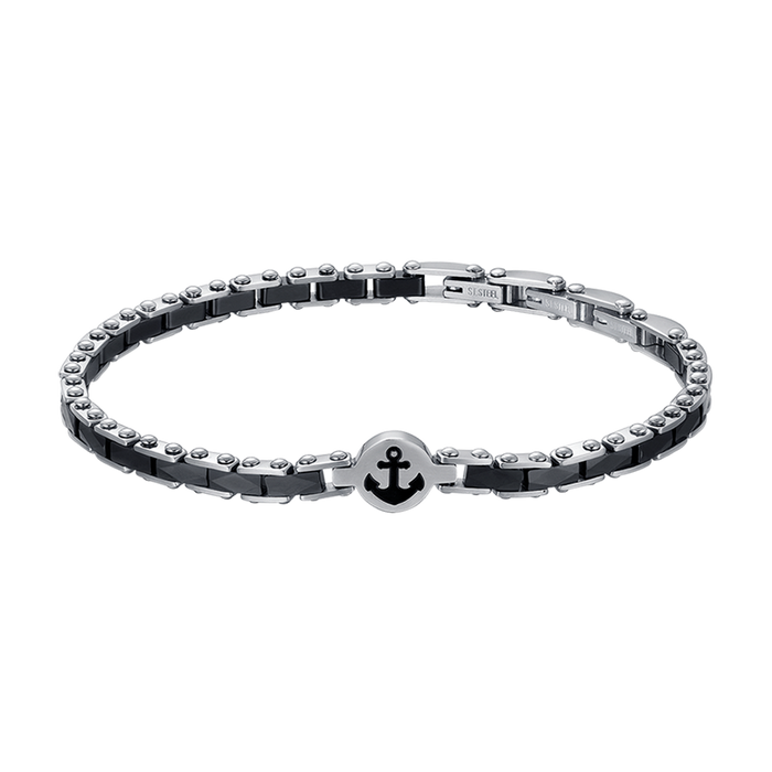 BRACCIALE UOMO IN ACCIAIO CON ELEMENTI IN CERAMICA NERA CON ANCORA
