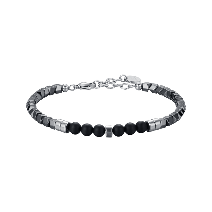 BRACELET HOMME EN ACIER AVEC HÉMATITE IP GRISE ET PIERRES NOIRES