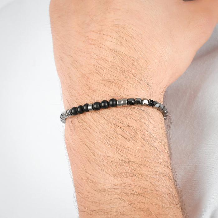 BRACELET HOMME EN ACIER AVEC HÉMATITE IP GRISE ET PIERRES NOIRES