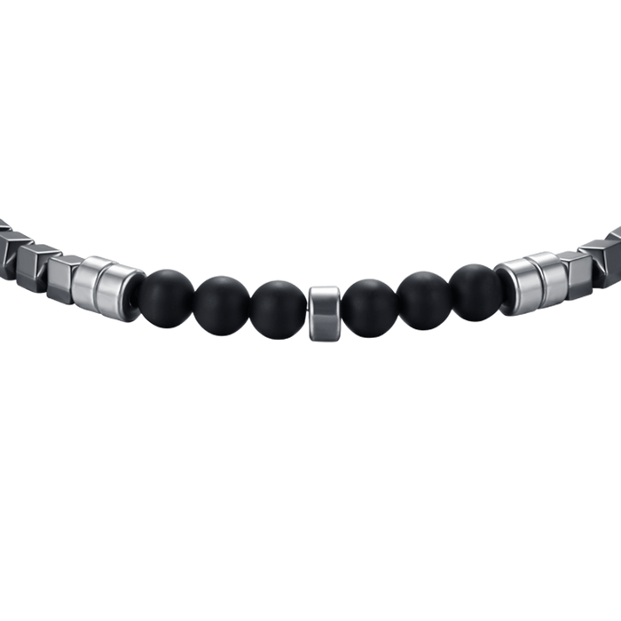 BRACELET HOMME EN ACIER AVEC HÉMATITE IP GRISE ET PIERRES NOIRES