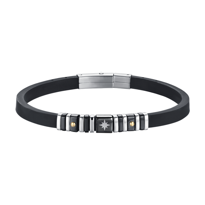 BRACCIALE UOMO SILICONE NERO CON ELEMENTI IN ACCIAIO E IP NERO E ROSA DEI VENTI