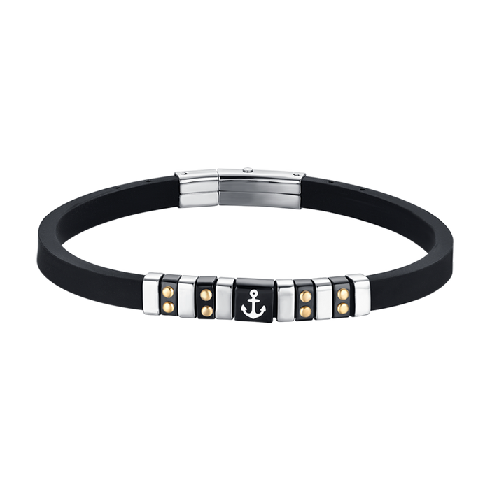 BRACCIALE UOMO SILICONE NERO CON ELEMENTI IN ACCIAIO, IP NERO E GOLD CON ANCORA