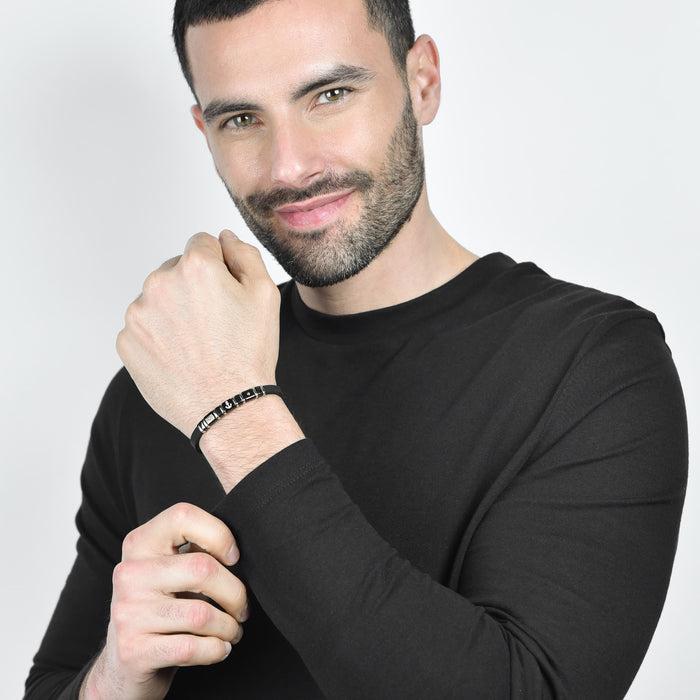 BRACCIALE UOMO SILICONE NERO CON ELEMENTI IN ACCIAIO, IP NERO E GOLD CON ANCORA