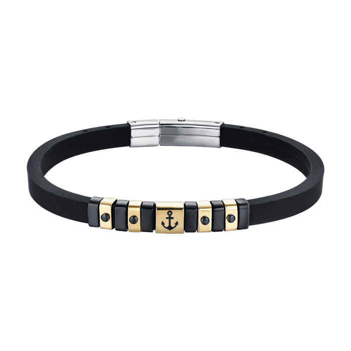 BRACCIALE UOMO SILICONE NERO CON ELEMENTI IN ACCIAIO IP GOLD E NERO CON ANCORA