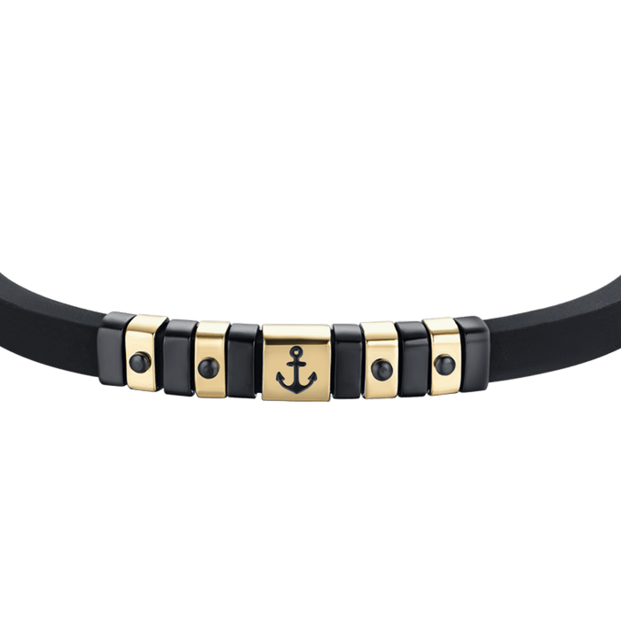 BRACCIALE UOMO SILICONE NERO CON ELEMENTI IN ACCIAIO IP GOLD E NERO CON ANCORA