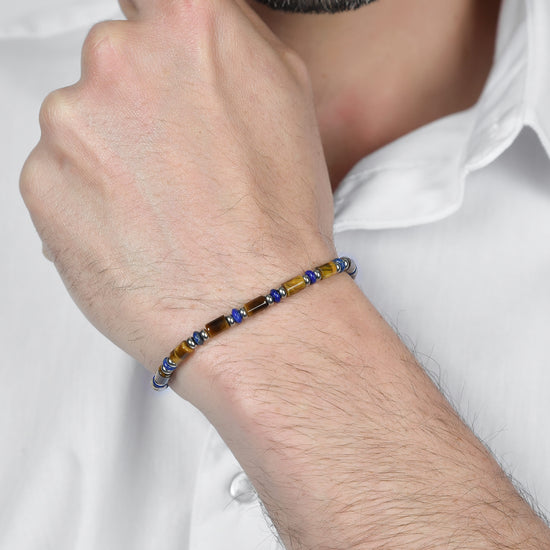 BRACCIALE UOMO IN ACCIAIO CON PIETRE OCCHIO DI TIGRE E BLU