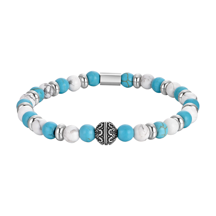 BRACELET ÉLASTIQUE POUR HOMME AVEC PIERRES BLEUES ET BLANCHES ET ÉLÉMENTS EN ACIER