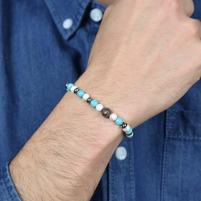 ELASTIC MEN'S BRACELET WITH BLUE AND WHITE STONES AND STEEL ELEMENTS