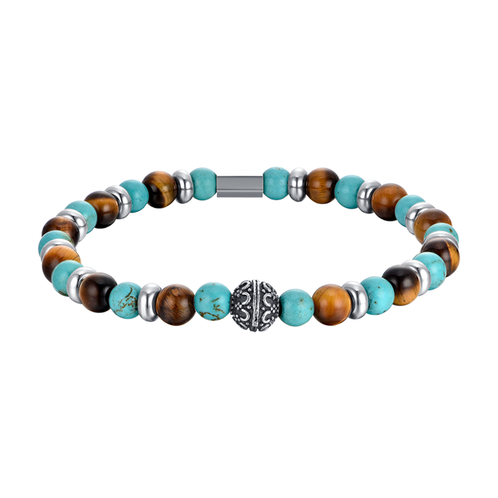 BRACCIALE UOMO ELASTICO CON PIETRE TURCHESI ED OCCHIO DI TIGRE ED ELEMENTI