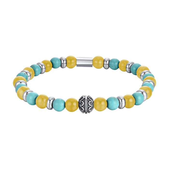 BRACCIALE UOMO ELASTICO CON PIETRE TURCHESI E GIALLE ED ELEMENTI IN ACCIAIO