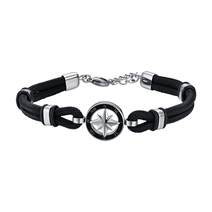 BRACCIALE UOMO IN CORDA NERA CON ROSA DEI VENTI CON SMALTO NERO