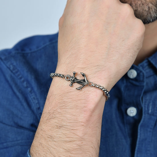 BRACCIALE UOMO IN ACCIAIO CON ANCORA CON SMALTO NERO