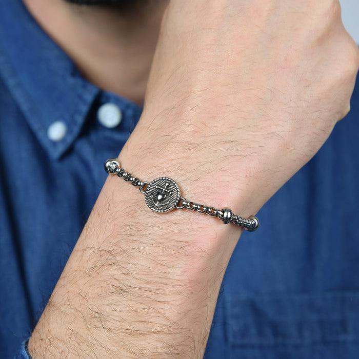 MEN'S STEEL BRACELET WITH BLACK ENAMEL PLATE AND ANCHOR WITH HEART