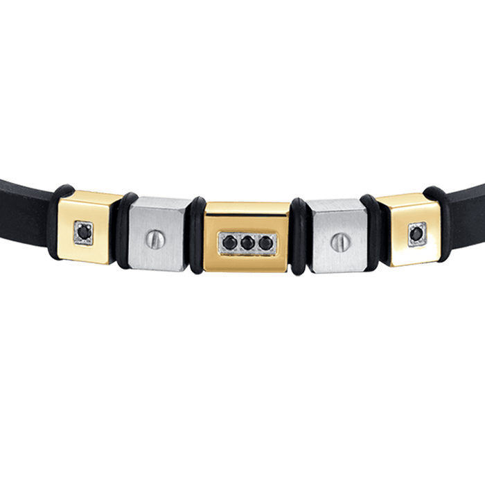BRACELET HOMME EN SILICONE NOIR AVEC ÉLÉMENTS EN ACIER ET EN ACIER DORÉ IP