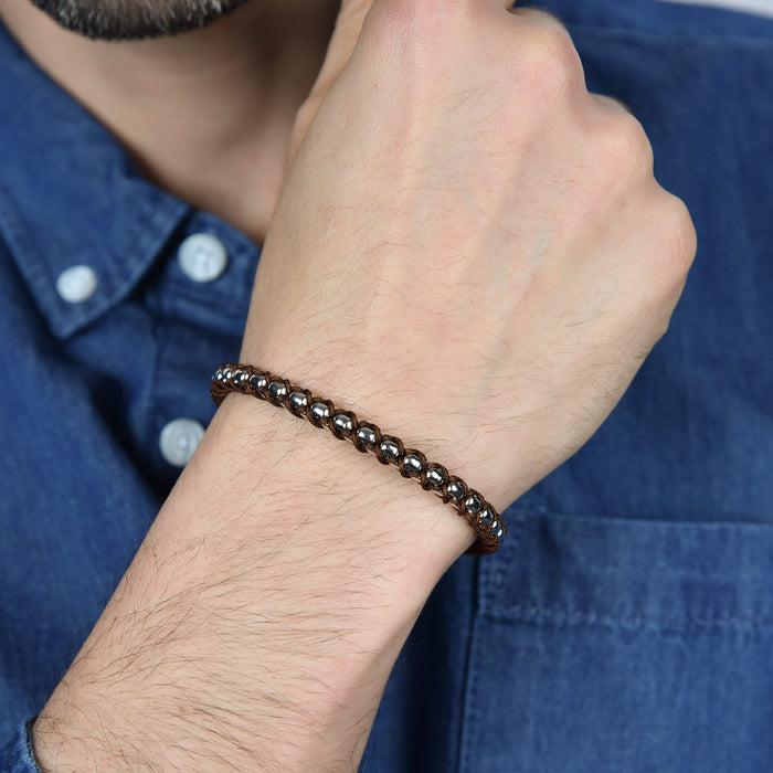 BRACCIALE UOMO IN ACCIAIO CON CORDA MARRONE