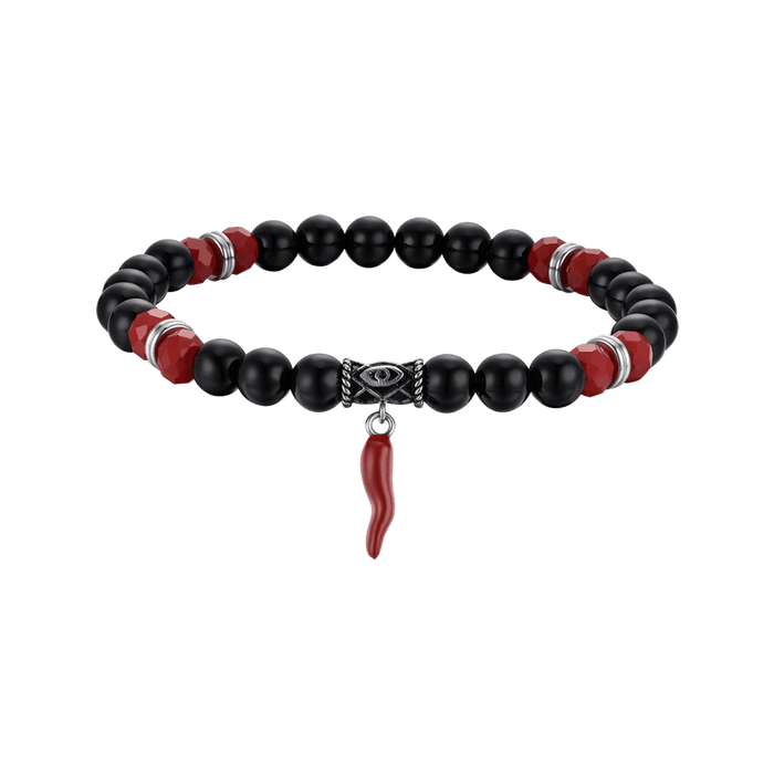 BRACCIALE UOMO ELASTICO CON PIETRE NERE E ROSSE E CORNO ROSSO