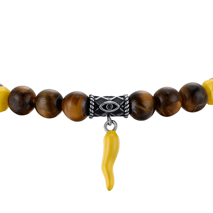 BRACELET ÉLASTIQUE POUR HOMME AVEC ŒIL DE TIGRE, PIERRES JAUNES ET CORNE JAUNE