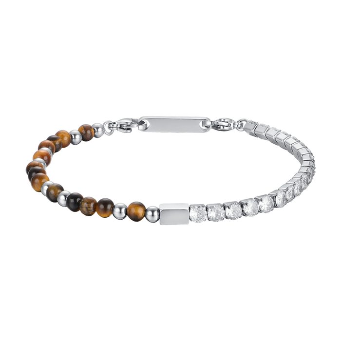 MEN'S BRACELET IN STEEL WITH WHITE CRYSTALS AND TIGER'S EYE STONES