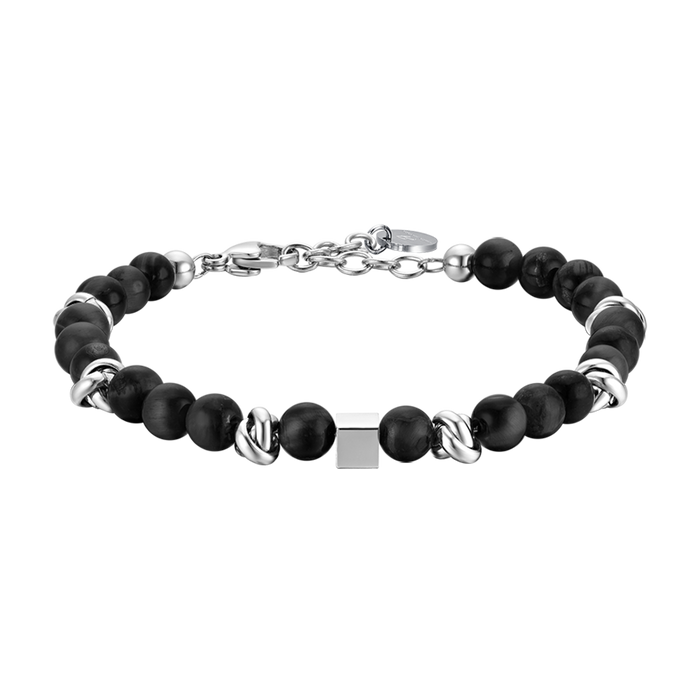 BRACCIALE UOMO IN ACCIAIO CON PIETRE NERE ED ELEMENTI IN ACCIAIO