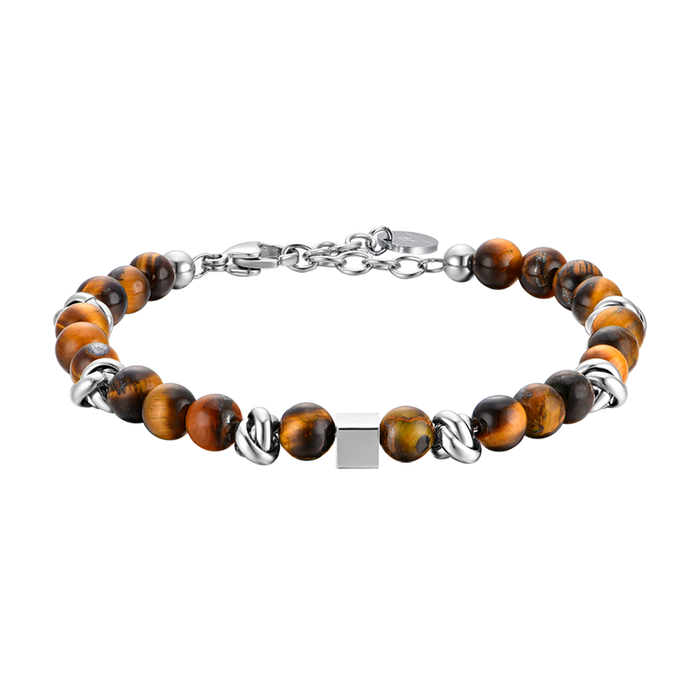 BRACCIALE UOMO IN ACCIAIO CON PIETRE OCCHIO DI TIGRE ED ELEMENTI IN ACCIAIO