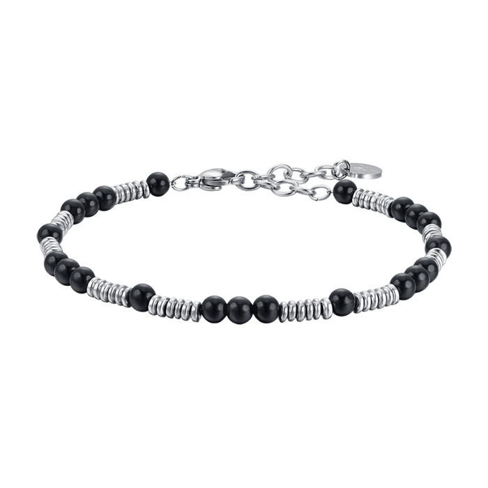 BRACCIALE UOMO IN ACCIAIO CON PIETRE NERE ED ELEMENTI IN ACCIAIO
