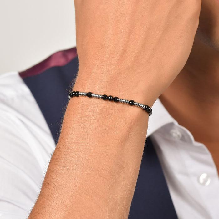 BRACCIALE UOMO IN ACCIAIO CON PIETRE NERE ED ELEMENTI IN ACCIAIO