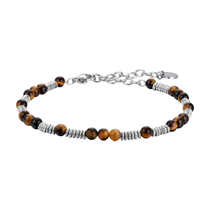 BRACCIALE UOMO IN ACCIAIO CON PIETRE OCCHIO DI TIGRE ED ELEMENTI IN ACCIAIO
