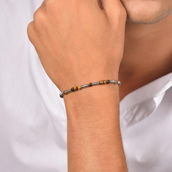 BRACCIALE UOMO IN ACCIAIO CON PIETRE OCCHIO DI TIGRE ED ELEMENTI IN ACCIAIO