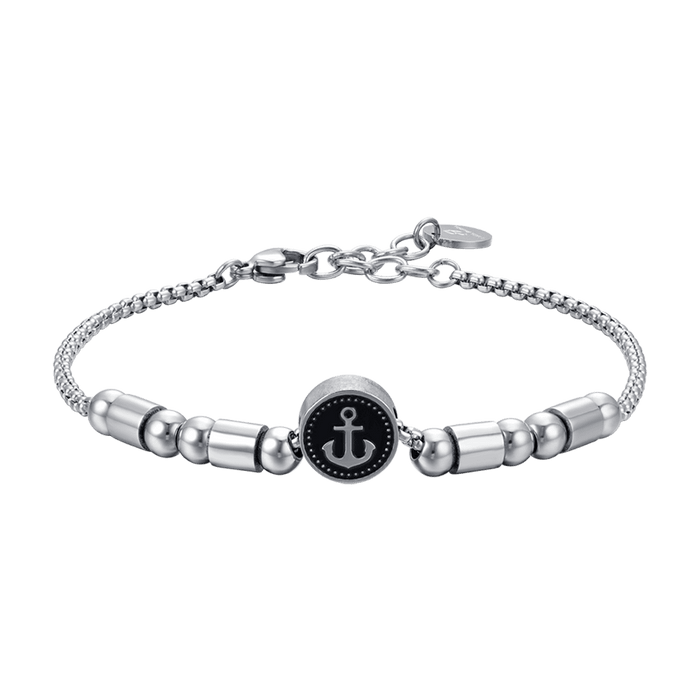 BRACCIALE UOMO IN ACCIAIO ELEMENTO CON ANCORA SILVER E SMALTO NERO