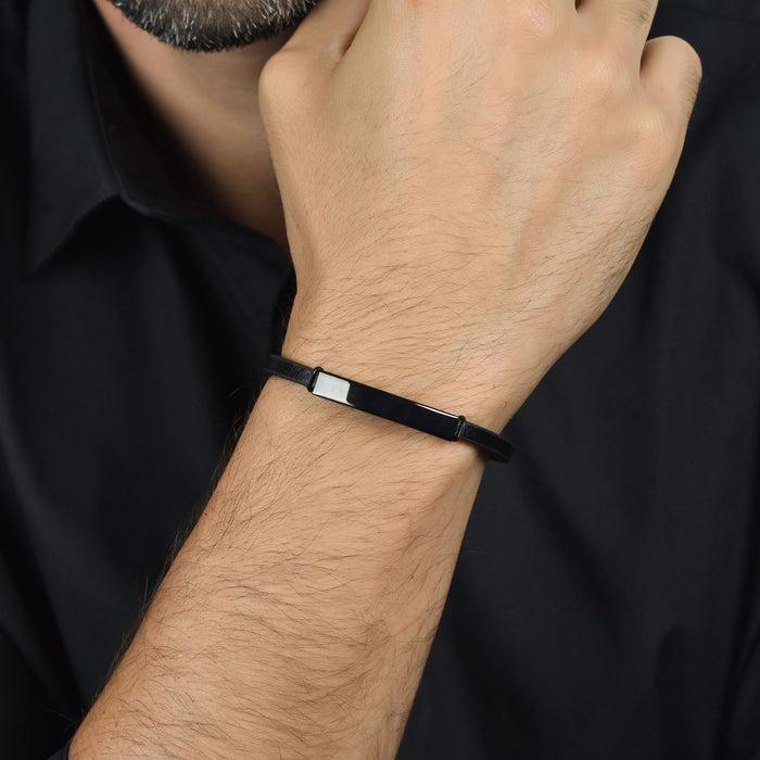 BRACELET EN CUIR POUR HOMME AVEC PLAQUE EN ACIER IP NOIR