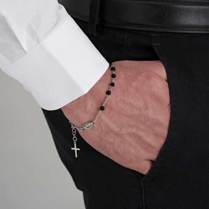 BRACELET HOMME EN ACIER AVEC CHAPELET, PENDENTIF CROIX ET CRISTAUX NOIRS