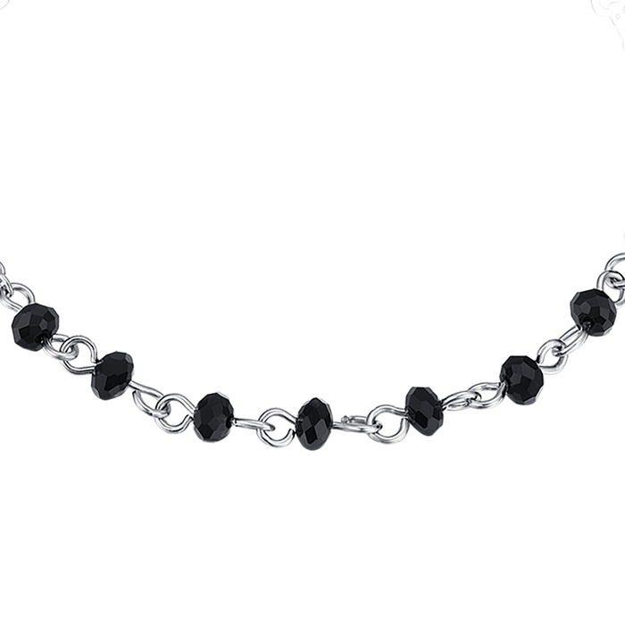 BRACELET HOMME EN ACIER AVEC CHAPELET, PENDENTIF CROIX ET CRISTAUX NOIRS