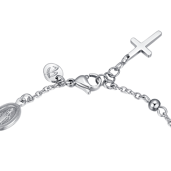 BRACELET HOMME EN ACIER AVEC CHAPELET, PENDENTIF CROIX ET CRISTAUX NOIRS