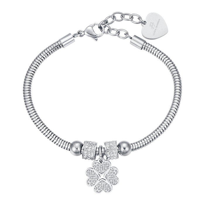 BRACELET FEMME EN ACIER AVEC TRÈFLE À QUATRE FEUILLES ET CRISTAUX BLANCS