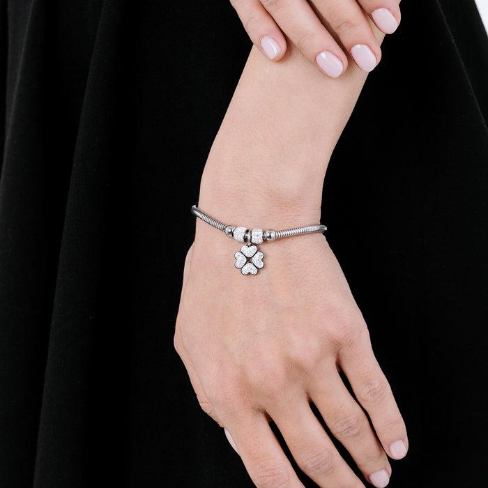 BRACELET FEMME EN ACIER AVEC TRÈFLE À QUATRE FEUILLES ET CRISTAUX BLANCS