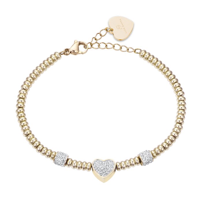 Bracelet en acier doré IP avec cœur et cristaux blancs