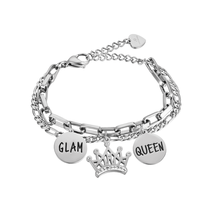 BRACCIALE DONNA IN ACCIAIO CON CORONA CON CRISTALLI BIANCHI E PIASTRE CON SMALTO