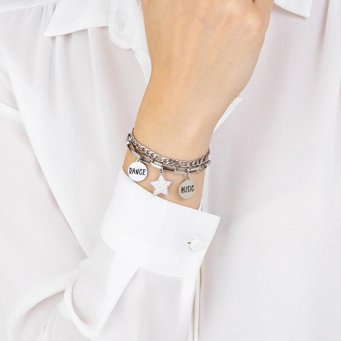 WOMEN'S STEEL BRACELET WITH STAR WITH WHITE CRYSTALS AND ENAMEL PLATES