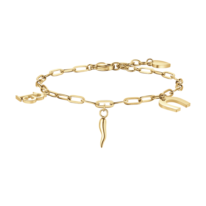 BRACCIALE DONNA IN ACCIAIO DORATO CON 13 FERRO DI CAVALLO E CORNO