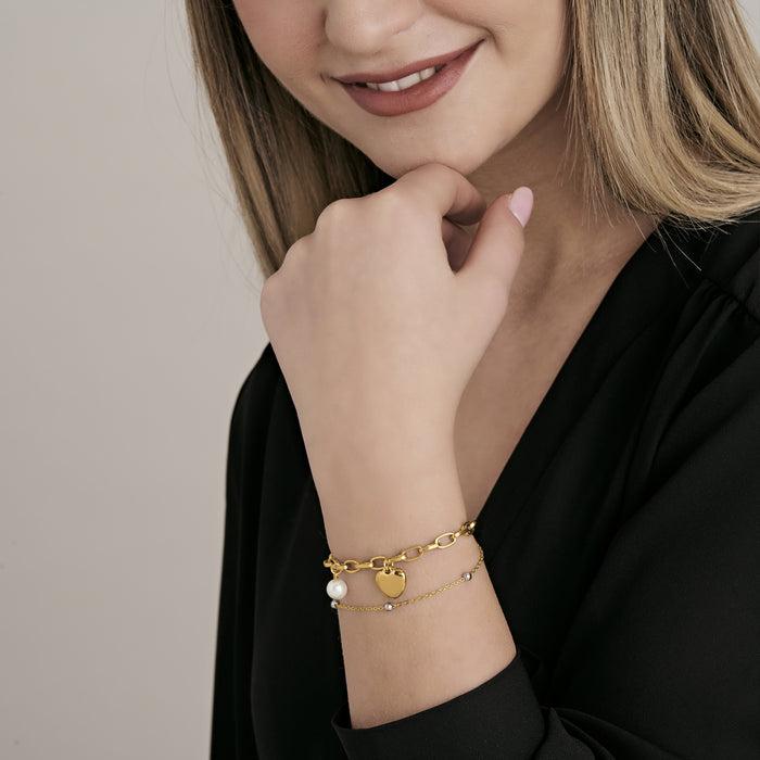WOMEN'S BRACELET IN IP GOLD STEEL WITH HEART AND PEARLS