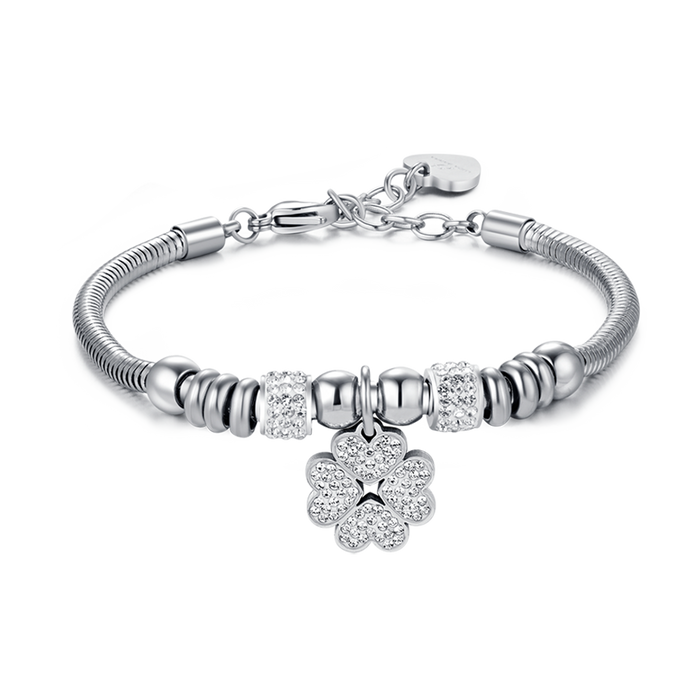 BRACCIALE DONNA IN ACCIAIO CON QUADRIFOGLIO CON CRISTALLI BIANCHI