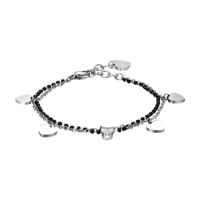 BRACCIALE DONNA IN ACCIAIO CON CUORI, ELEMENTI NERI E CRISTALLO BIANCO