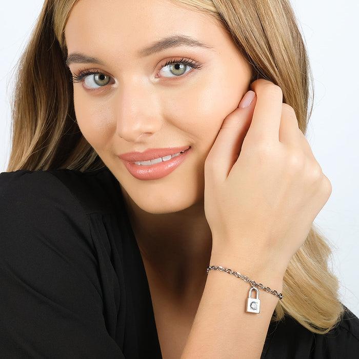 WOMEN'S STEEL BRACELET WITH WHITE CRYSTAL PADLOCK