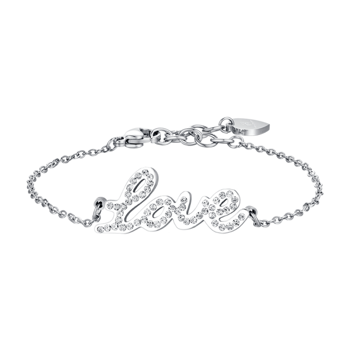 BRACCIALE DONNA IN ACCIAIO CON SCRITTA LOVE CON CRISTALLI BIANCHI