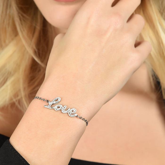 BRACCIALE DONNA IN ACCIAIO CON SCRITTA LOVE CON CRISTALLI BIANCHI