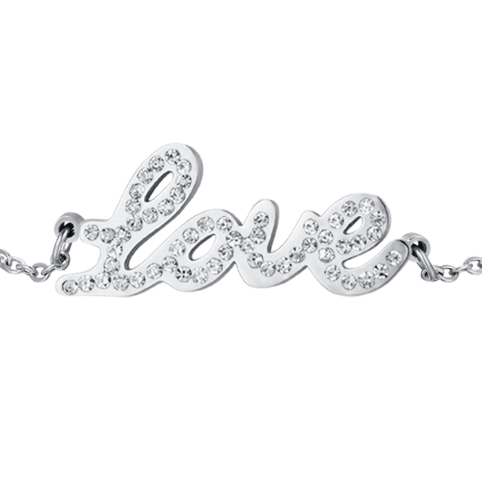 WOMEN'S STEEL BRACELET WITH LOVE WRITING WITH WHITE CRYSTALS