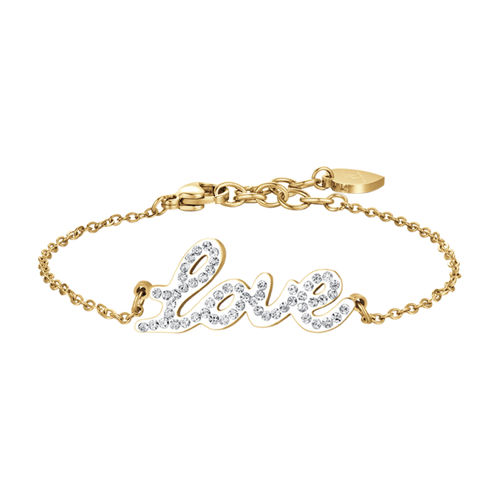 BRACCIALE DONNA IN ACCIAIO IP GOLD CON SCRITTA LOVE CON CRISTALLI BIANCHI